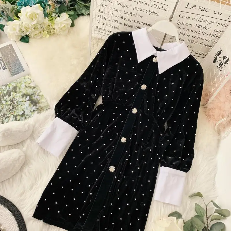 2019 Новое модное женское платье осень-зима тонкое с длинными рукавами ретро