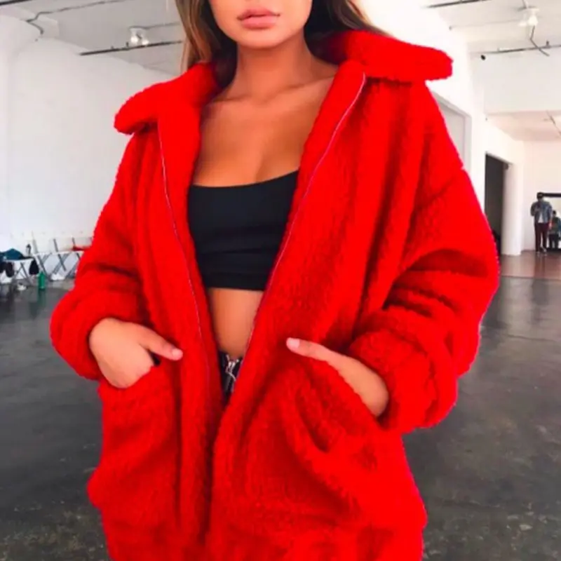 

2018 Zipper Big Pocket Women Fur Coat Jacket Warm Plush Coats Elegant Fashion Autumn Outwear