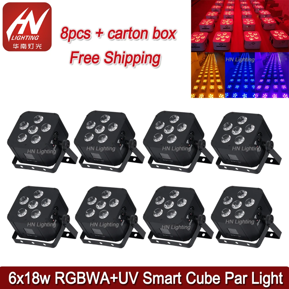 8 шт. smart dj par освещение батарея dmx беспроводной wifi uplighting 6 led * 18 6in1 RGBWA UV can для
