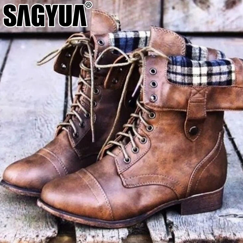 Винтаж отложным зимние ботинки на шнуровке Для женщин женская модные кожаные