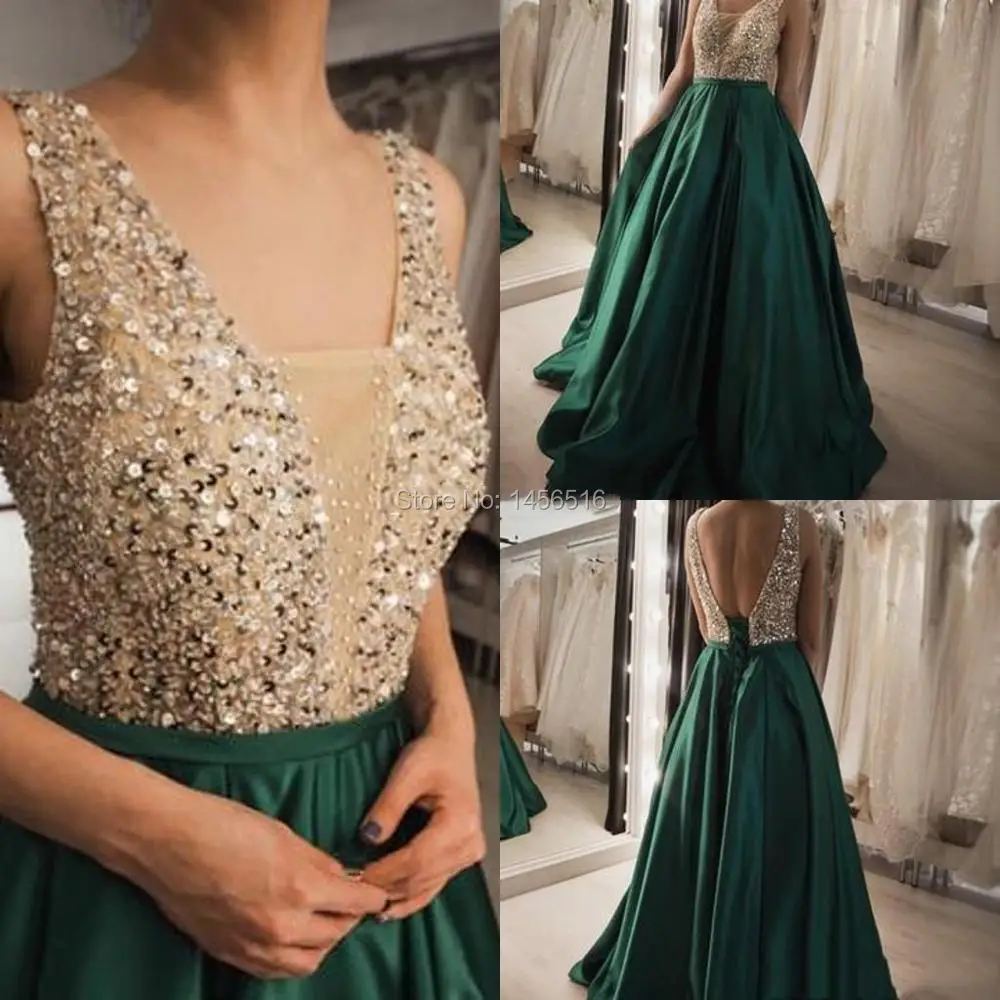 Abendkleider Вечерние платья официальная одежда V образным вырезом атласные vestido de festa Элегантные зеленые Выпускные платья расшитые блестками