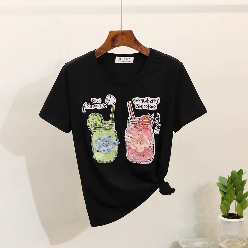 Летний модный комплект из двух предметов женская футболка с бисером и принтом