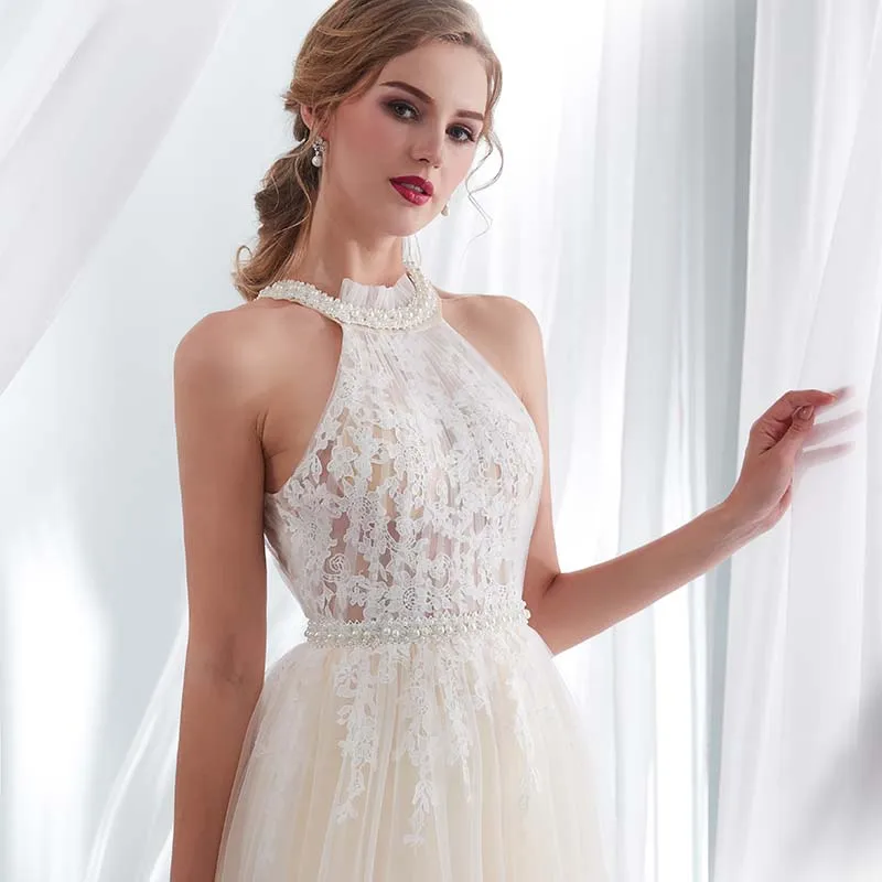 Хатер шеи пляж свадебное платье Vestido De Noiva светильник Perals без рукавов Простой Тюль свадебное платье