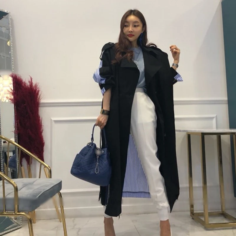 Black Windbreakers CHICEVER Лоскутная полосатая Женская ветровка с лацканами три четверти рукав высокая Талия бинты двубортные ветровки - Цвет: Black Windbreakers