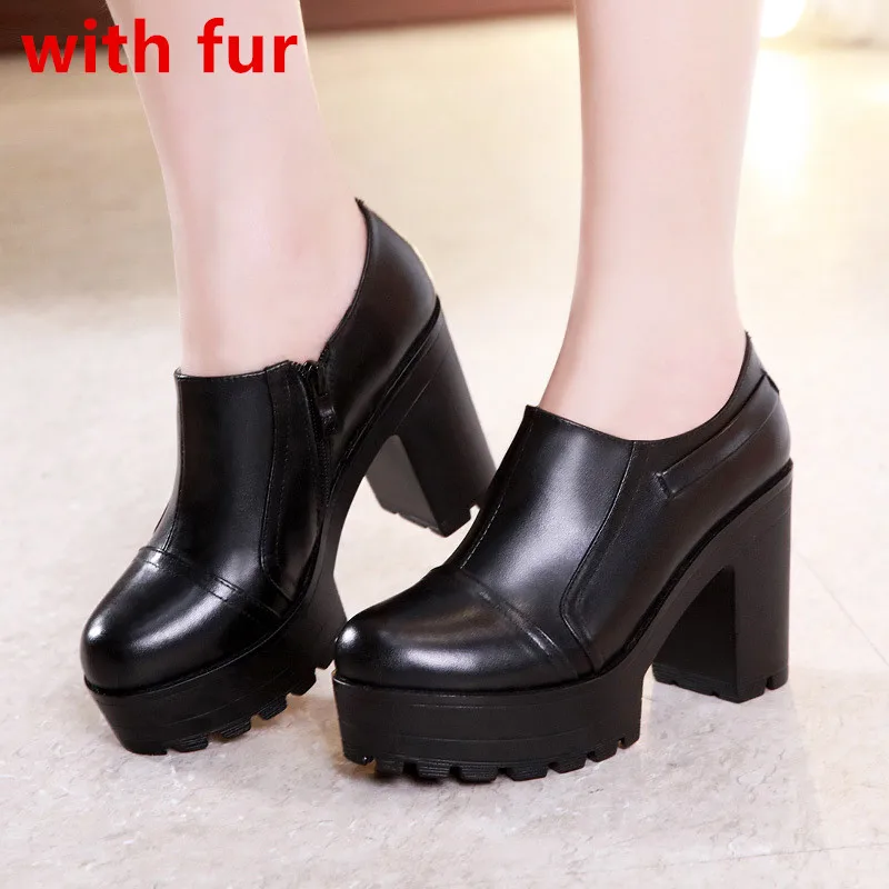 black fur lining Осенне-зимние туфли-лодочки на платформе с квадратным каблуком женская свадебная обувь г. Обувь на высоком каблуке Женская офисная обувь с мехом, Размеры 33, 42, 43 - Цвет: black fur lining