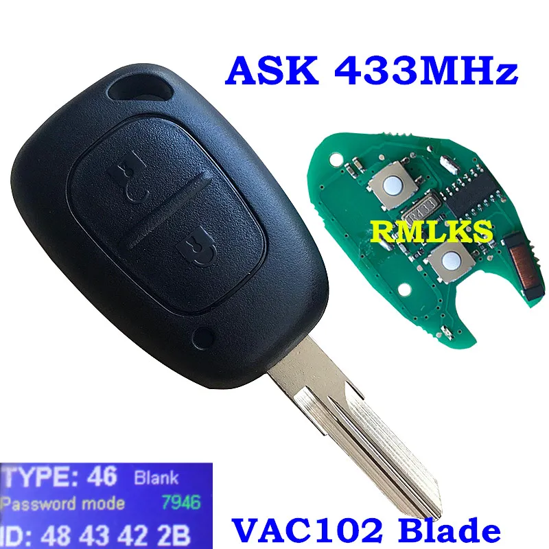 

For Renault Car Vehicle 2 Button Remote Head Car Key Fob 433Mhz ASK PCF7946 Chip For VIVARO MOVANO TRAFFIC MASTER KANGOO