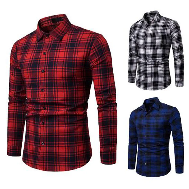 Мужские повседневные рубашки в клетку с длинными рукавами английском стиле Camisa