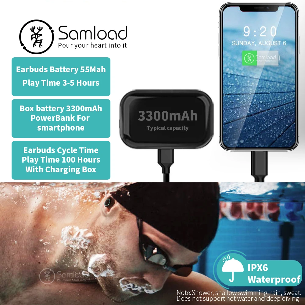 Samload Беспроводной наушники HIFI Звук Bluetooth 5,0 наушники стерео наушники с 3000 mAh заряда в поле Мощность банка для смартфонов
