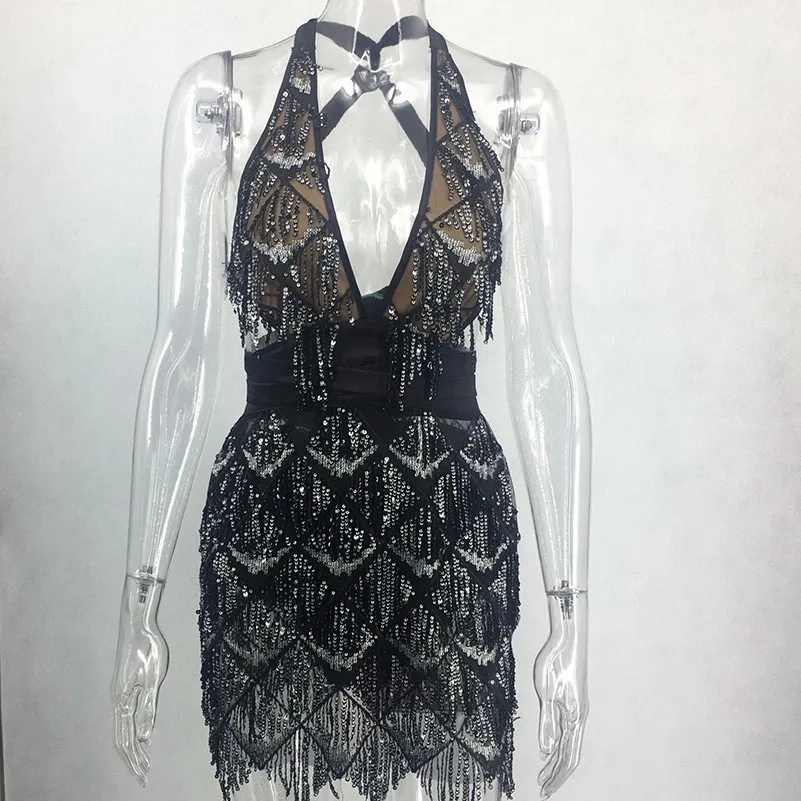 MUXU черное платье с блестками блестящее мини женская одежда бахрома открытая