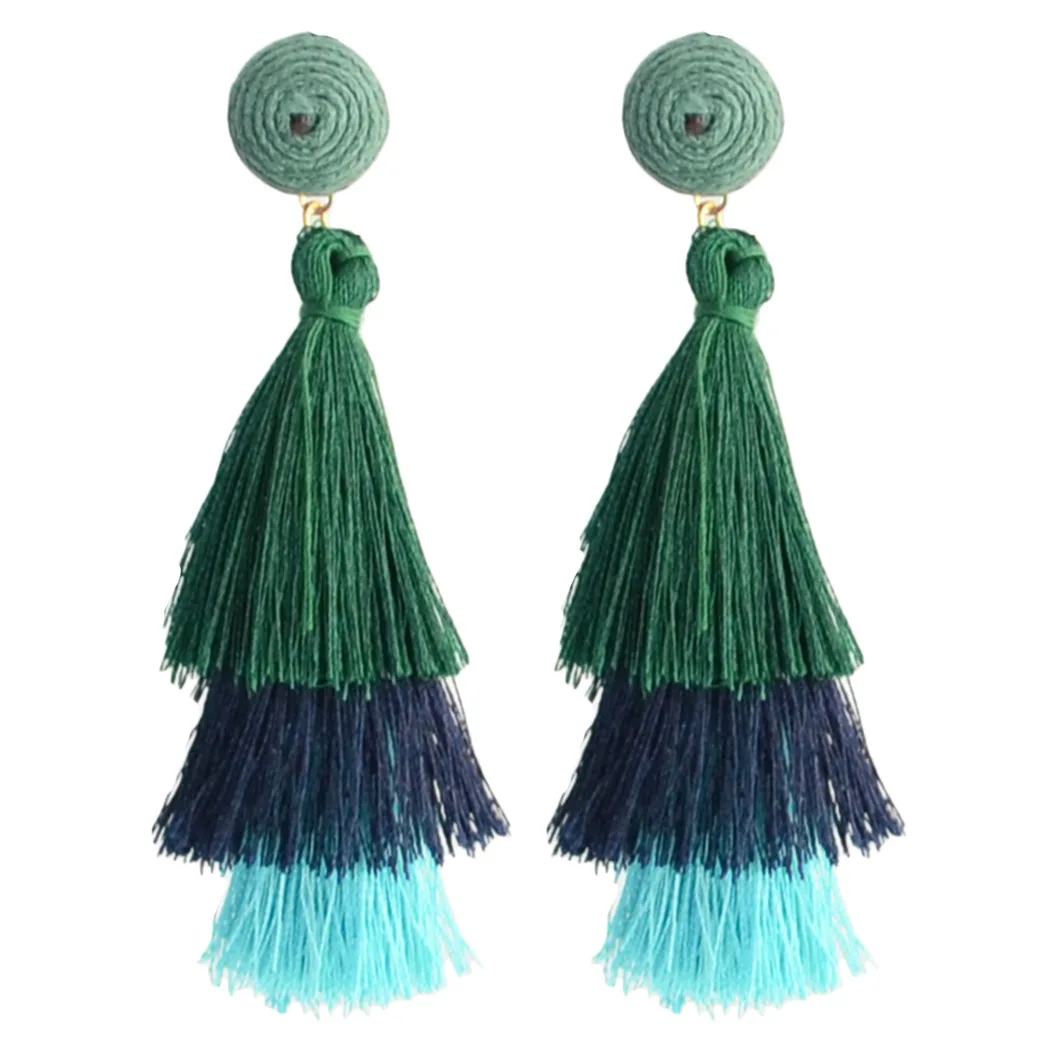 Zhushu 4 Color Boho Crystal Multi-layer Long Tassel Drop Earrings For Women Fashion Silk Fabric Dangle Earring Ethnic Jewelry |