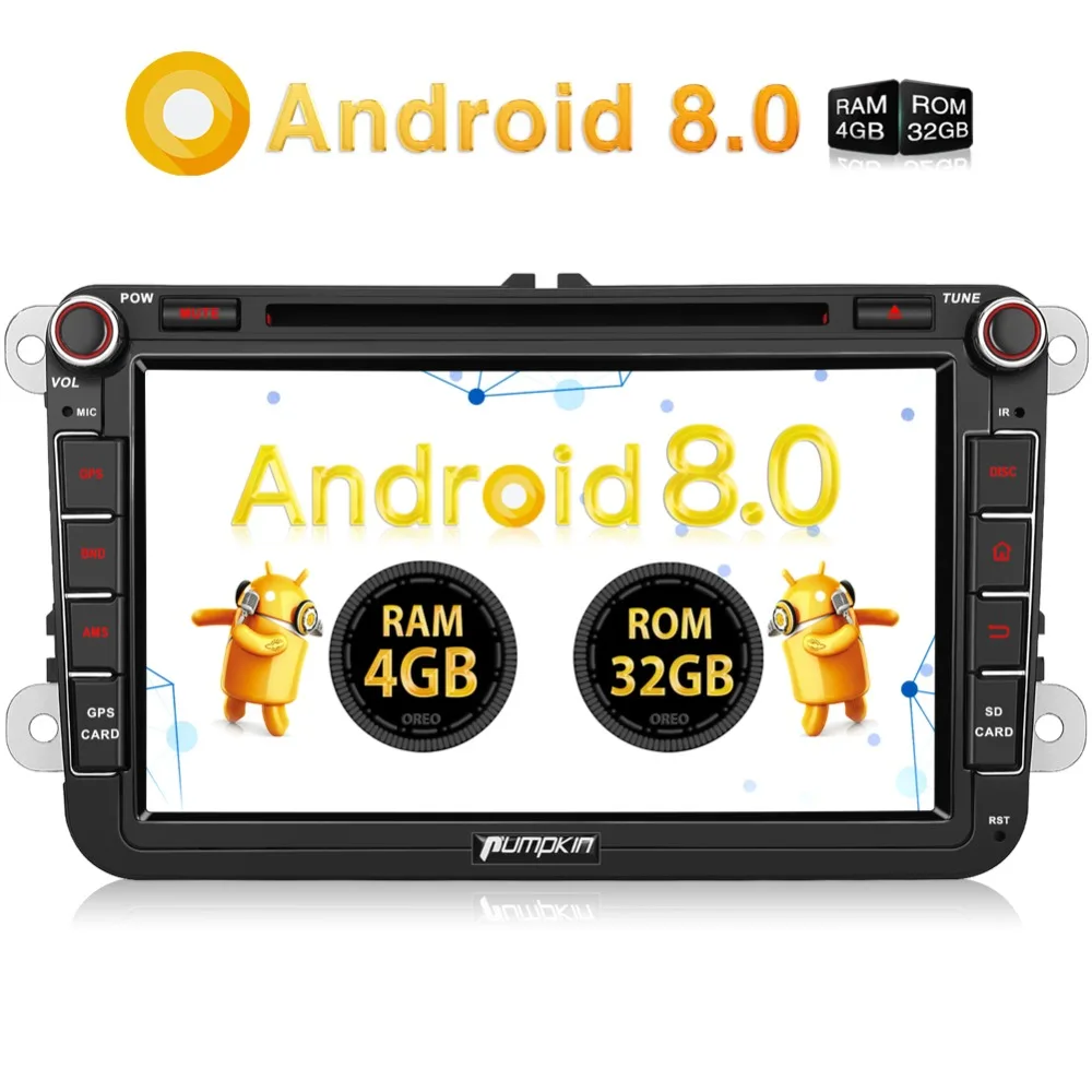 Тыква 2 Din " Android 8,0 Qcta-core 4G+ 32G автомобильный стерео dvd-плеер gps навигация для Volkswagen/Golf/Skoda Wifi FM Rds радио