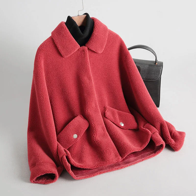 Зимнее плотное теплое пальто с имитацией Овцы стриженый мех женское короткое из