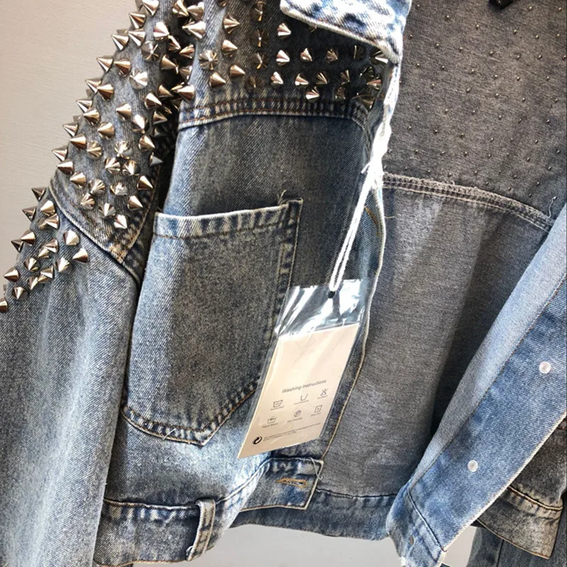 Весна осень женские джинсовые куртки Harajuku заклепки дизайн короткие джинсы куртка женская длинный рукав свободная выстиранная верхняя одежда Уличная