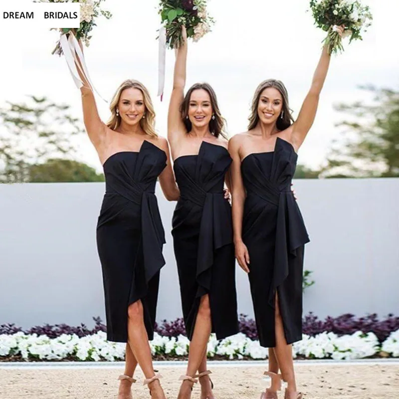 Короткое черное женское элегантное свадебное платье длиной ниже колена без