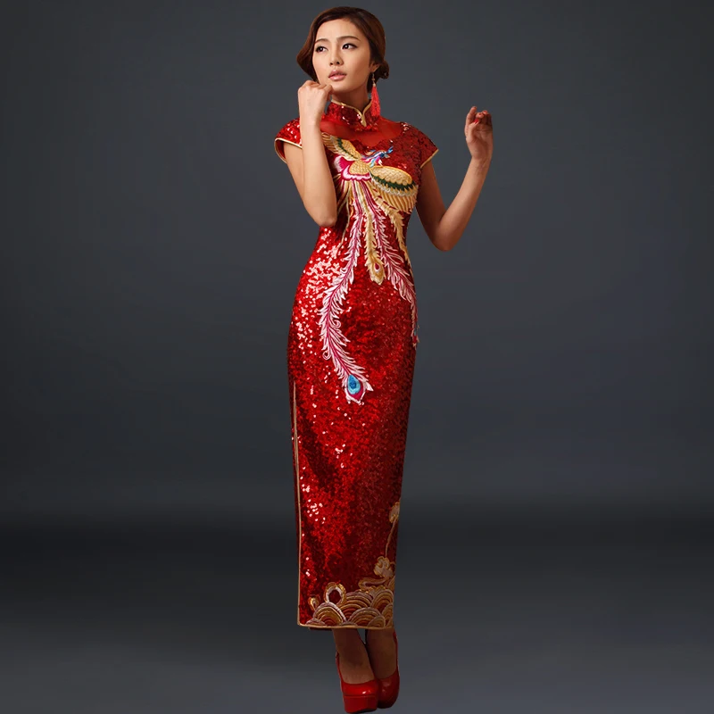 Красный Bling Для женщин Cheongsam Китайский Стиль блестками платье с Фениксом Bodycon блеск вечерние Макси платья-деко Ретро Lentejuelas Qipao