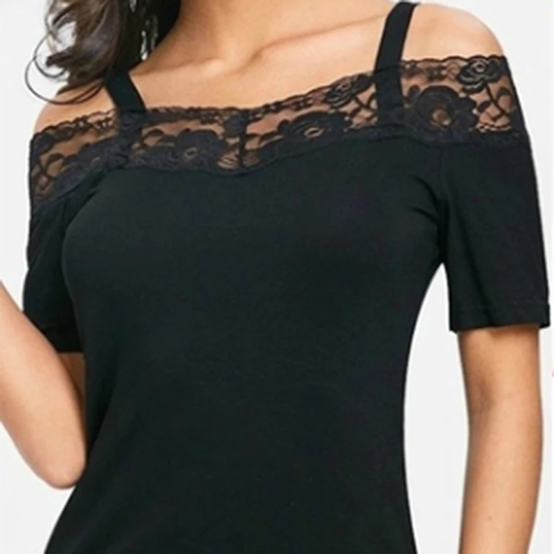 Женская черная футболка на подтяжках модная Однотонная бретельках кружевная
