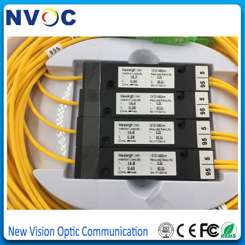 5/95, 1X2 FBT волоконная муфта, SM, двойное окно, 1490/1550, 2,0 мм, 1 м, ABS Pacakge: 90*20*10, SC/APC, 1*2 двойной оконный волоконно-оптический разветвитель