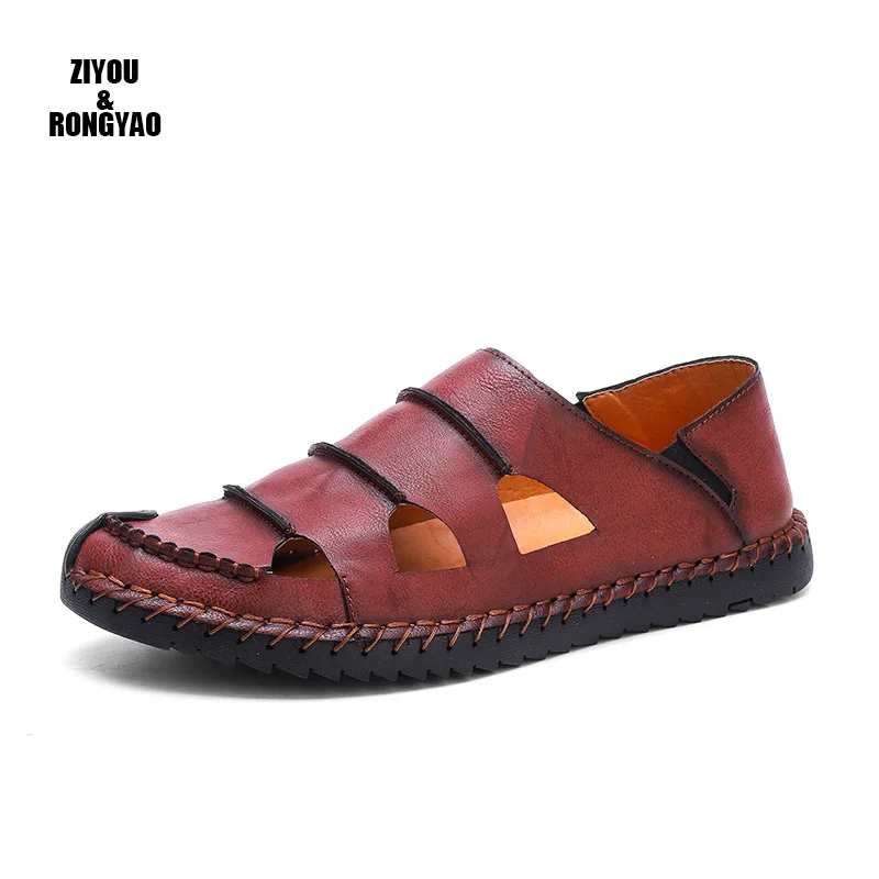 

Men Leather Sandals male Shoes Plus Size 47 48 Casual Slip-on Summer Shoes Solid color Men Leisure shoes Adult Sandals
