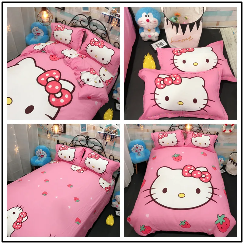 Hello kitty Милый хлопковый Детский Комплект постельного белья, простыня фиолетового цвета, мультяшная девочка KT, 4 шт., милые пододеяльники и одеяла, розовый цвет