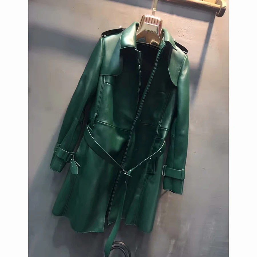 Осенне-зимний Женский Тренч из натуральной кожи длинное пальто овечьей