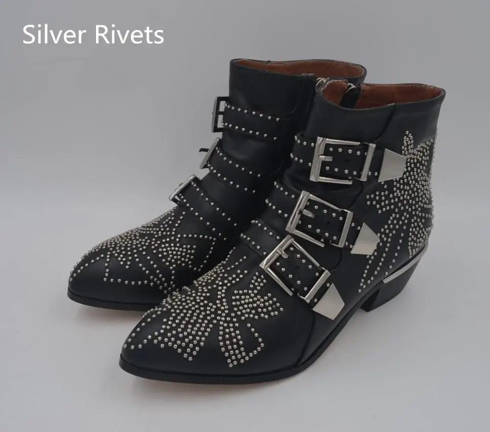 black silver rivets JAWAKY/женские ботинки; ботильоны в стиле панк с заклепками и заклепками; Ботинки martin с острым носком на молнии и ремешках; zapatos mujer - Цвет: black silver rivets