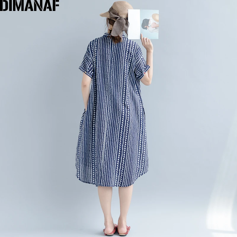 DIMANAF женское платье, летнее, размера плюс, хлопок, женское, повседневное, сарафан, тонкое, элегантное, для девушек, Vestidos, в полоску, синее, с принтом, свободное платье