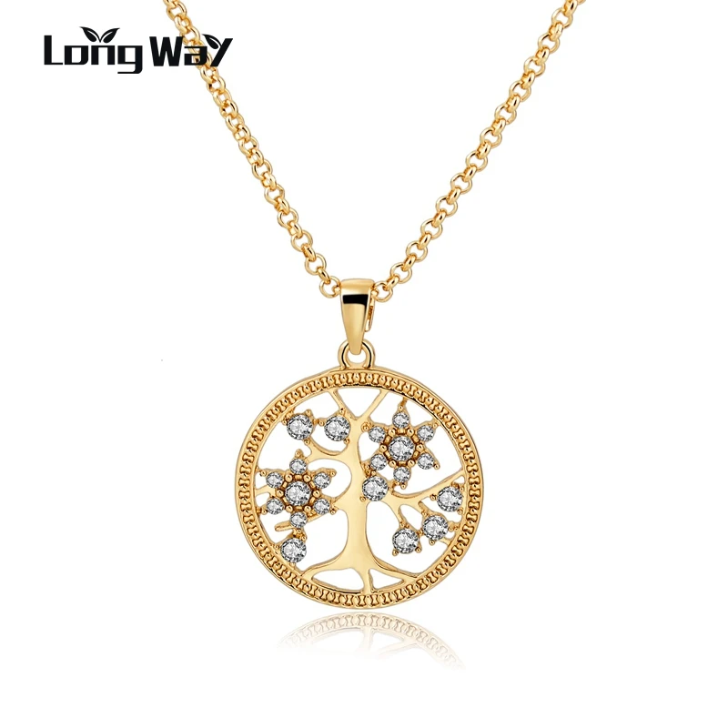 

LongWay Gold Color Chain Necklace With Crystal Tree of Life Pendant Round Shape Necklaces for Women Jewelry SNE160107103