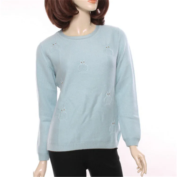 

100%goat cashmere Oneck thick knit women fashion cute owl printed pullover sweater light blue 2color S-2XL