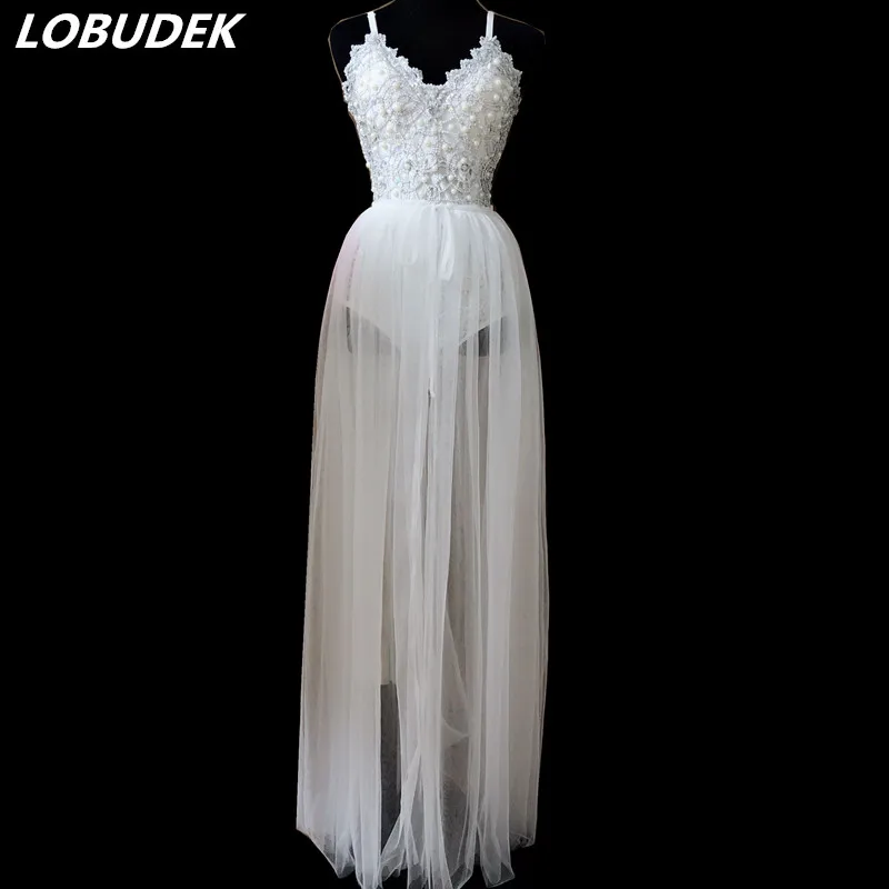 Женский белый костюм кошка с бусинами боди жемчугом сетчатая длинная юбка