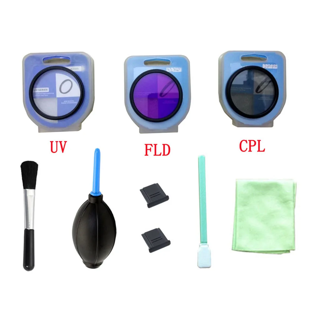 

9 in 1 lens UV FLD CPL Digital Filter with box + camera clean kit + 2 hot shoe cover for canon nikon DSLR SLR Camera *