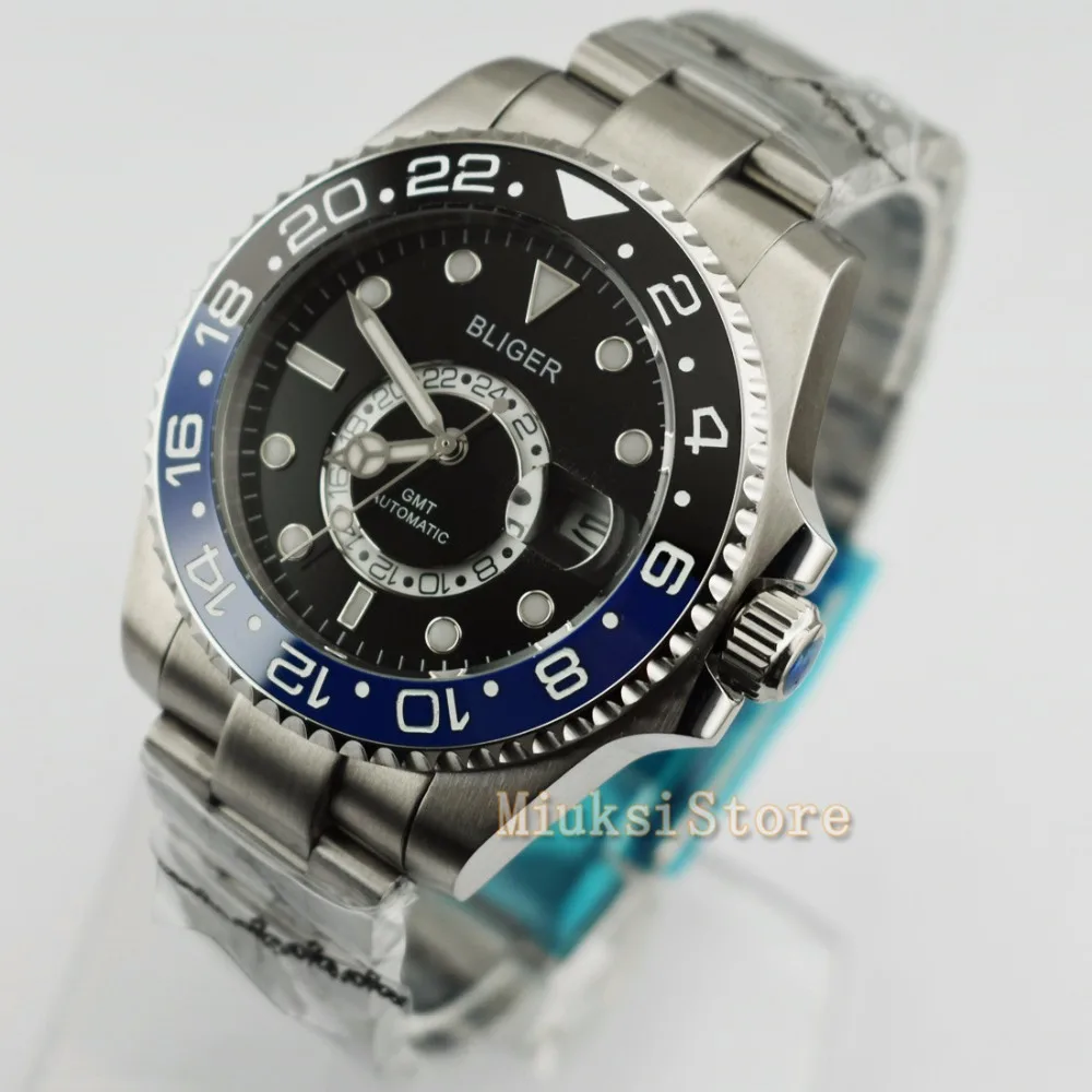 43 мм черный циферблат керамический ободок светящийся GMT Дата автоматические