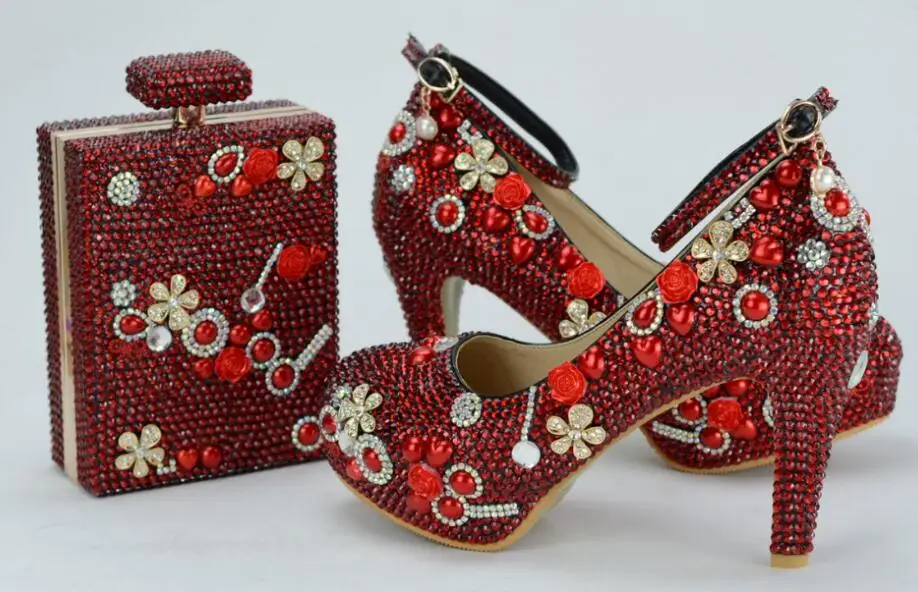 red shoe with bag BaoYaFang/Новые Роскошные зеленые туфли с кристаллами женские Вечерние туфли на толстом каблуке 11 см с ремешком на щиколотке и пряжкой; модные свадебные туфли - Цвет: red shoe with bag
