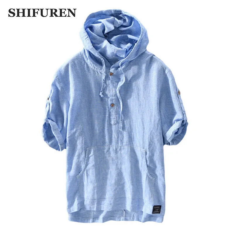 SHIFUREN новые летние мужские хлопковые льняные рубашки с капюшоном дышащие топы