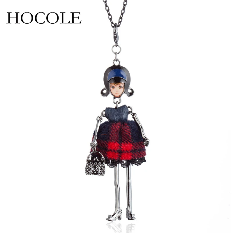 Милое кожаное клетчатое платье ожерелья с куклами и кулонами ручная работа