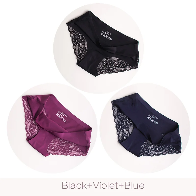 Black Violet Blue Сексуальные кружевные трусики, бесшовное женское нижнее белье, трусы, нейлон, шелк, для женщин, бикини, хлопок, Прозрачное нижнее белье, Hibubble, комплект из 3 предметов - Цвет: Black Violet Blue