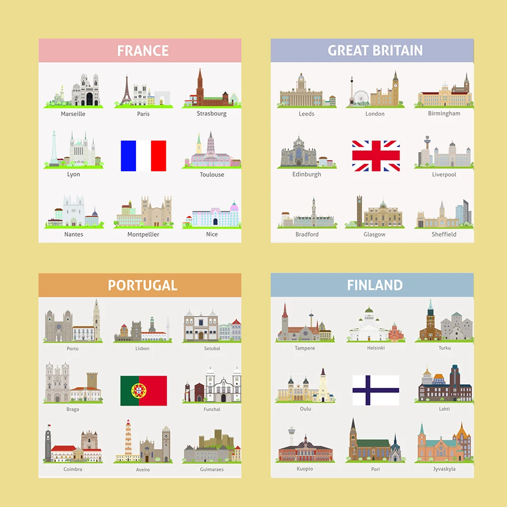 17 шт./компл. Европейская городская карта с именем здания английским словом флэш