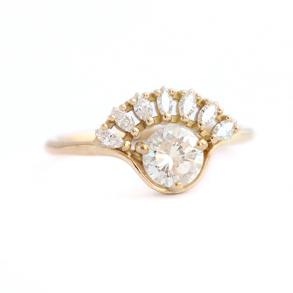 Marquise and Round Moissanite 1ctw lab Diamond Solitaire Обручальное кольцо для свадьбы Твердое 14K желтое