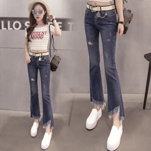 Женские джинсы-бойфренды рваные зауженные джинсы с бахромой и разрезом новинка