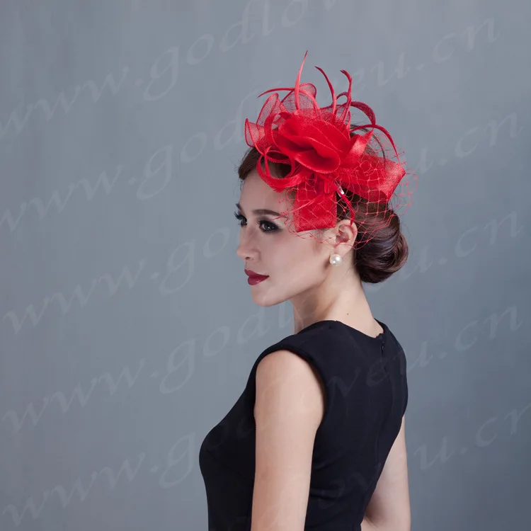Женская красная цвета слоновой кости вуалетка с перьями дамская шляпа sinamay зажим