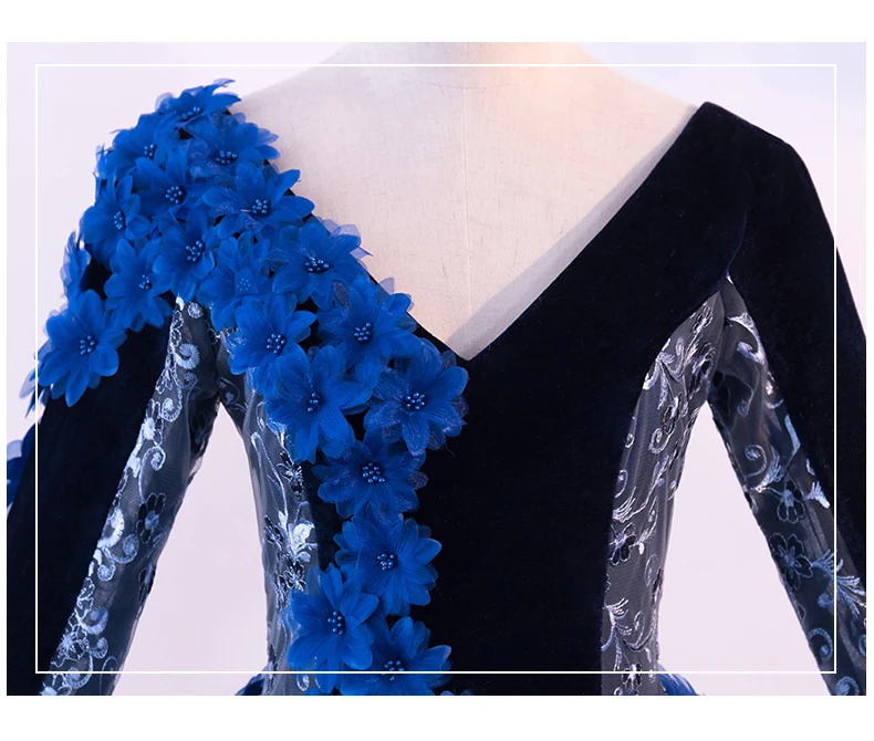 luxury stage perofrmance gown long sleeve ball V collar blue silk flowers medieval dress Renaissance queen cosplay | Тематическая