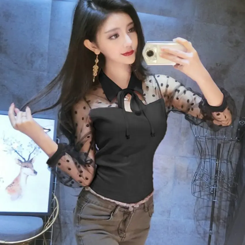 Black blouse Сексуальная сетчатая женская блузка, прозрачная, в горошек, из кусков, на шнуровке, с бантом, бархатная рубашка, топы, винтажная, с длинным рукавом, для ночного клуба, T95591 - Цвет: Black blouse
