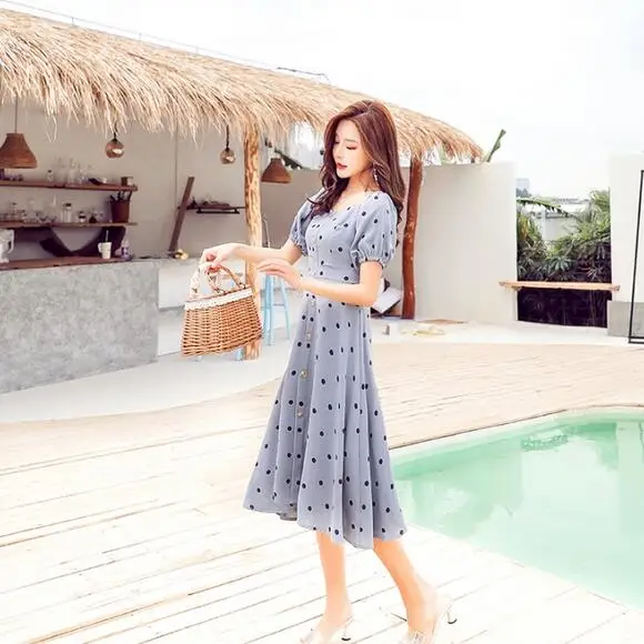 Женское винтажное платье в горошек Элегантное синее облегающее пляжное трапеция