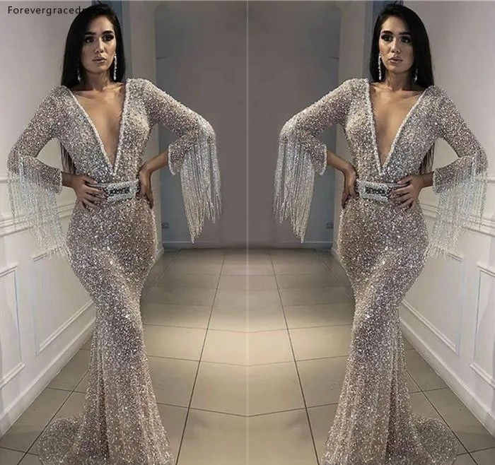 Женское платье с блестками Серебряное v образным вырезом и длинными рукавами для