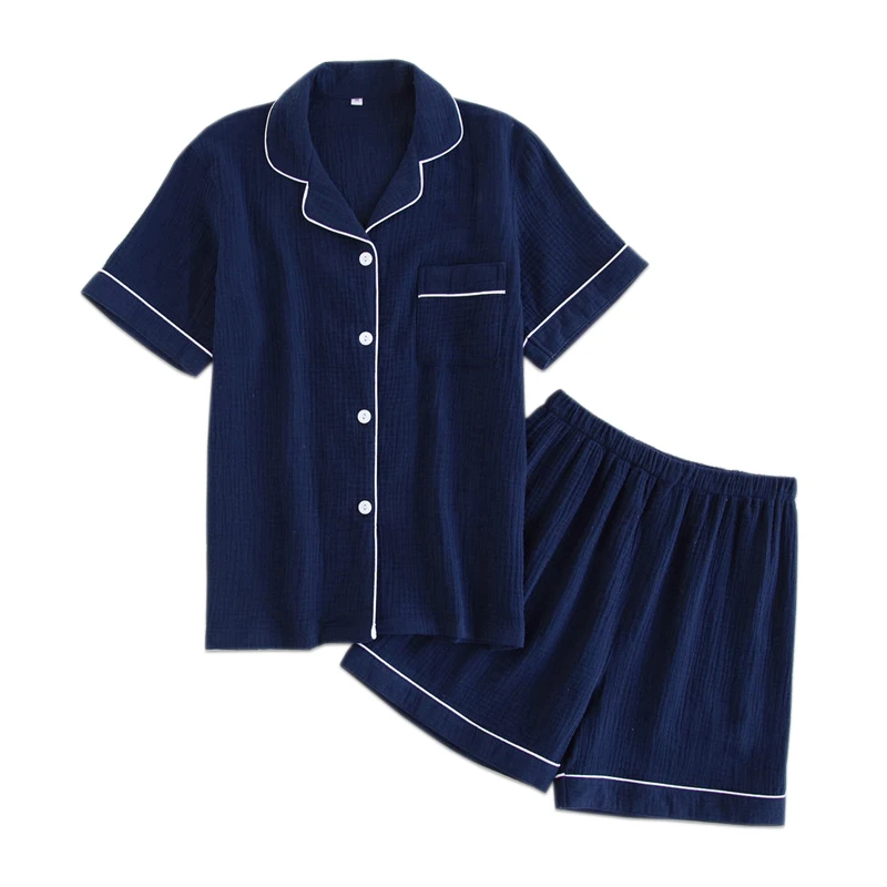 

Navy blue 100% cotton crepe shorts pajamas sets women summer Japanese simple pijamas mujer pyjamas women casual sleepwear