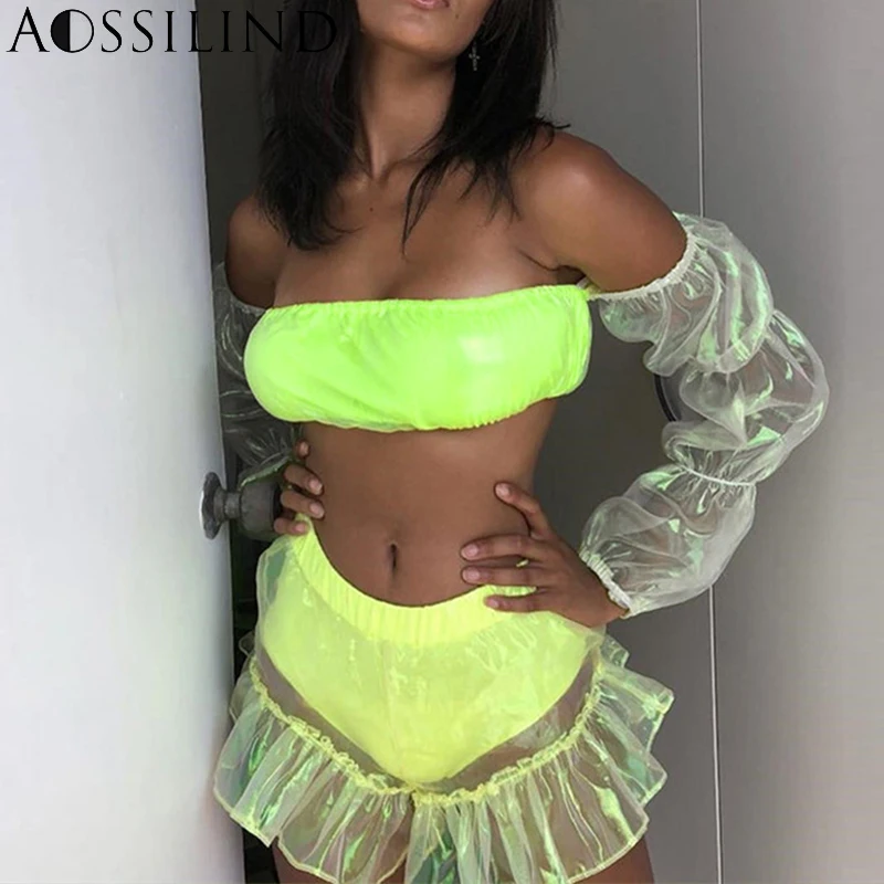 AOSSILIND сексуальный лоскутный укороченный топ с пышными рукавами для женщин 2019