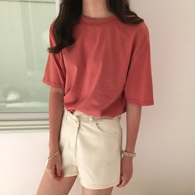 Tee Shirt 15 Solid Color Basic T-shirt Women Casual O-neck Harajuku Summer Top Korean Hipster White T S-XL Dropship | Женская одежда