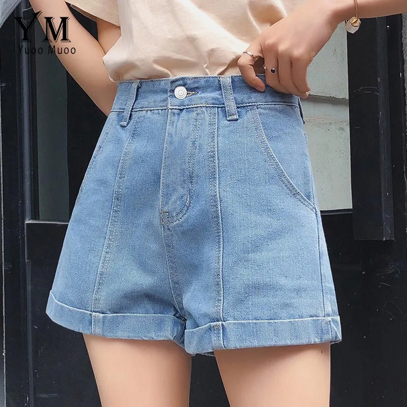 Light Blue YuooMuoo джинсовые шорты с высокой талией для женщин Европейский стиль винтажные джинсовые шорты с манжетами женские широкие повседневные шорты Feminino - Цвет: Light Blue