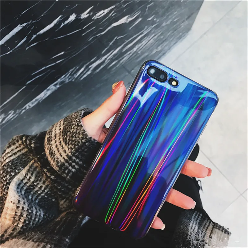 QINUO Blue Purple Holographic High quality Laser Case For iPhone 5 7 8 6S Plus X XS Max XR Soft Silicone Cases Back Cover Funda |