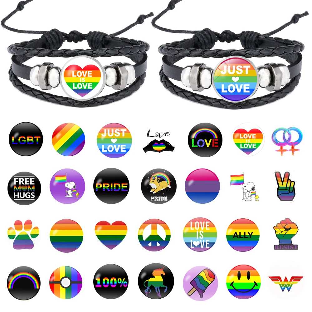 Gay Pride стеклянный браслет с пряжкой Радужный Флаг украшения для геев ручная