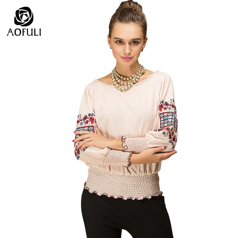 Блузка с длинным рукавом и вышивкой AOFULI B6369 L ~ 3xl 4xl 5xl|embroidered blouse|casual topstop floral |